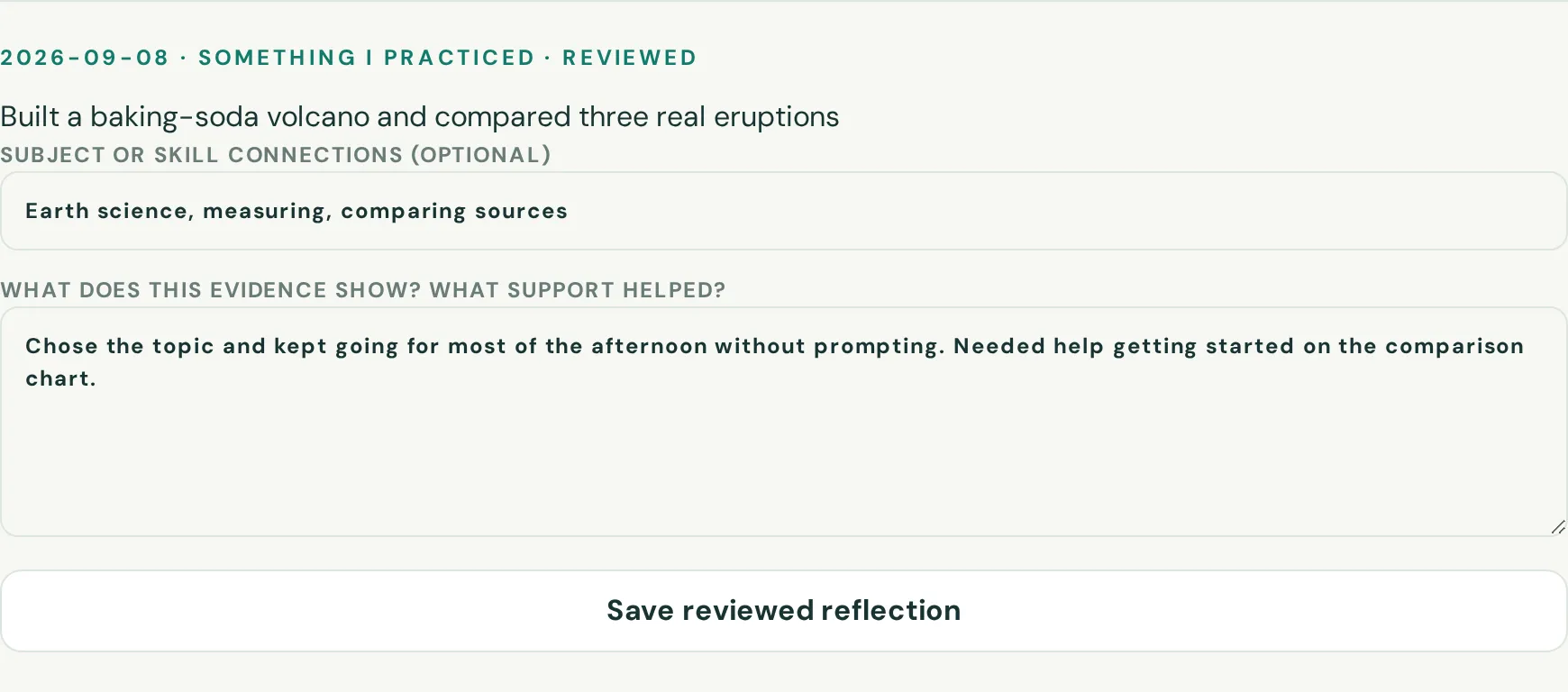 The parent review card for 8 September, marked “Something I practiced · Reviewed”, showing the entry “Built a baking-soda volcano and compared three real eruptions” above a connections field and a parent reflection field.